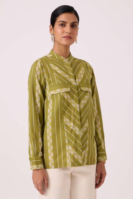 Buy The Summer House Green Cotton Mandarin Collar Wilde Striped Ikat Shirt Online at Aza Fashions Buy_The Summer House_Green Cotton Mandarin Collar Wilde Striped Ikat Shirt_Online_at_Aza_Fashions