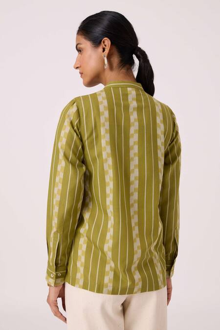 Shop The Summer House Green Cotton Mandarin Collar Wilde Striped Ikat Shirt at Aza Fashions Shop_The Summer House_Green Cotton Mandarin Collar Wilde Striped Ikat Shirt_at_Aza_Fashions