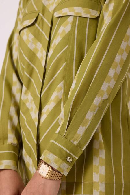 Shop The Summer House Green Cotton Mandarin Collar Wilde Striped Ikat Shirt Online at Aza Fashions Shop_The Summer House_Green Cotton Mandarin Collar Wilde Striped Ikat Shirt_Online_at_Aza_Fashions