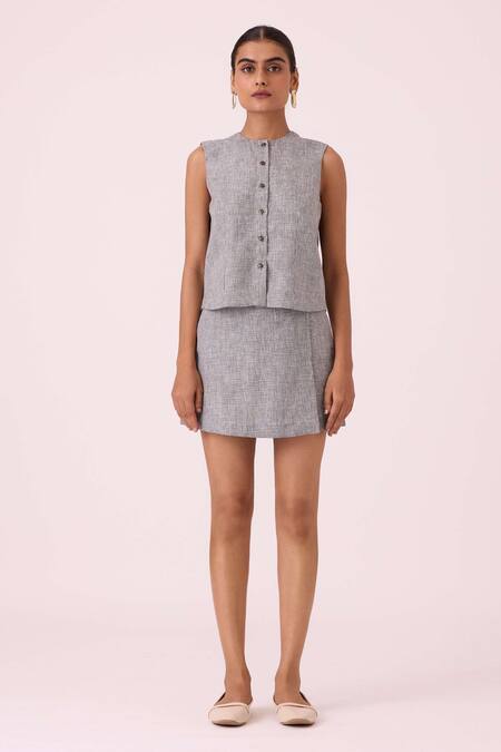 The Summer House_Black Linen Round Neck Wotton Houndstooth Top_Online_at_Aza_Fashions