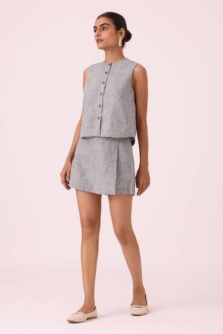 Buy_The Summer House_Black Linen Round Neck Wotton Houndstooth Top_Online_at_Aza_Fashions