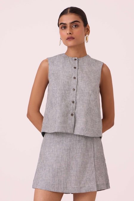 The Summer House Black Linen Round Neck Wotton Houndstooth Top 