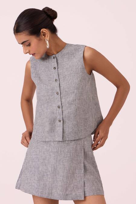 Shop_The Summer House_Black Linen Round Neck Wotton Houndstooth Top_Online_at_Aza_Fashions