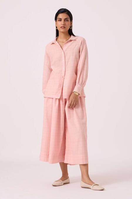 The Summer House Pink Handloom Cotton Collared Yeji Handwoven Shirt Online at Aza Fashions The Summer House_Pink Handloom Cotton Collared Yeji Handwoven Shirt _Online_at_Aza_Fashions