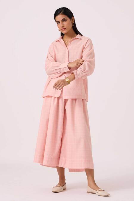 Buy The Summer House Pink Handloom Cotton Collared Yeji Handwoven Shirt Online at Aza Fashions Buy_The Summer House_Pink Handloom Cotton Collared Yeji Handwoven Shirt _Online_at_Aza_Fashions
