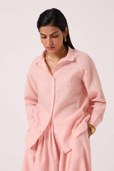 Shop The Summer House Pink Handloom Cotton Collared Yeji Handwoven Shirt Online at Aza Fashions Shop_The Summer House_Pink Handloom Cotton Collared Yeji Handwoven Shirt _Online_at_Aza_Fashions