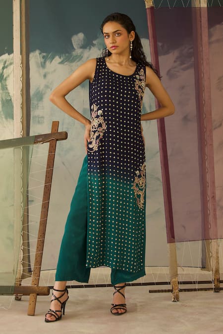 Radha Sharma Aqua Georgette, Crepe Embroidery Round Neck Ombre Tunic And Pant Set 