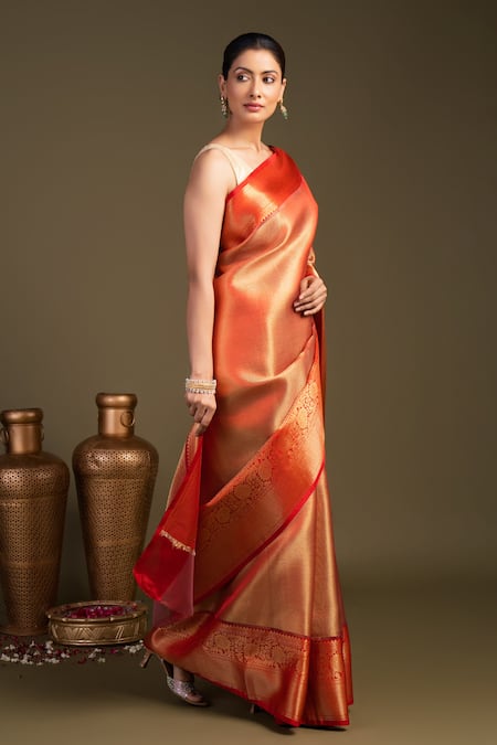 Buy Zal From Benaras Red Silk Zari Brocade Banarasi Handloom Saree With Unstitched Blouse Piece Online at Aza Fashions Buy_Zal From Benaras_Red Silk Zari Brocade Banarasi Handloom Saree With Unstitched Blouse Piece _Online_at_Aza_Fashions