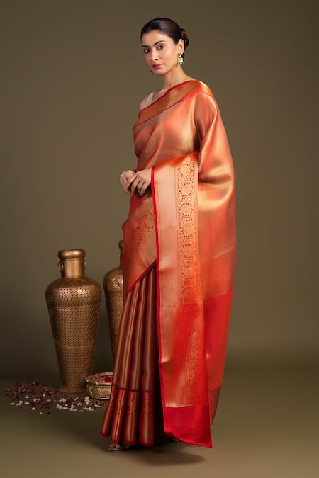 Shop Zal From Benaras Red Silk Zari Brocade Banarasi Handloom Saree With Unstitched Blouse Piece Online at Aza Fashions Shop_Zal From Benaras_Red Silk Zari Brocade Banarasi Handloom Saree With Unstitched Blouse Piece _Online_at_Aza_Fashions