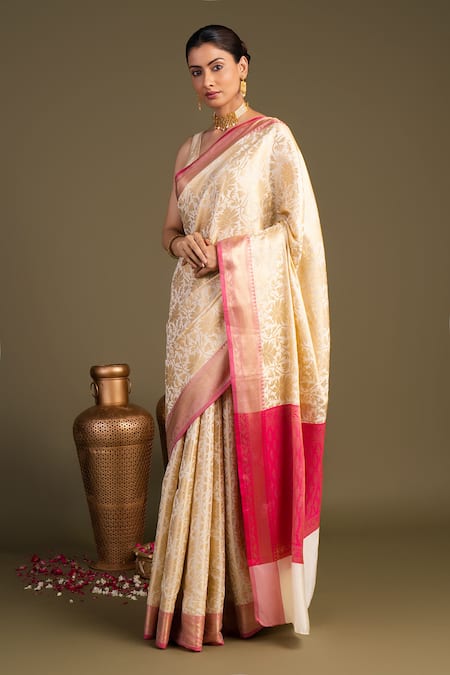 Zal From Benaras_White Silk Zari Pure Banarasi Handloom Saree With Unstitched Blouse Piece _Online_at_Aza_Fashions