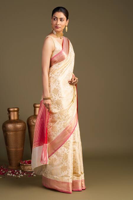 Buy_Zal From Benaras_White Silk Zari Pure Banarasi Handloom Saree With Unstitched Blouse Piece _Online_at_Aza_Fashions