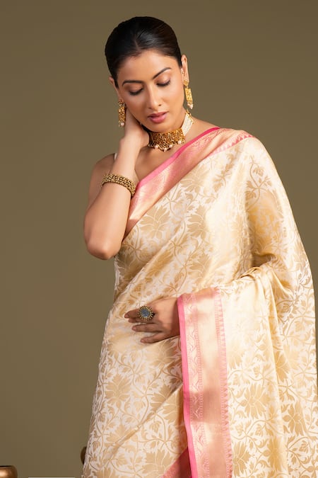 Shop_Zal From Benaras_White Silk Zari Pure Banarasi Handloom Saree With Unstitched Blouse Piece _Online_at_Aza_Fashions