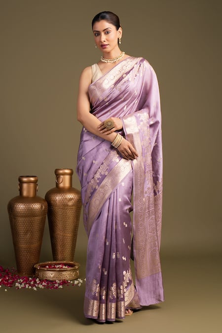 Zal From Benaras Lavender Silk Shaded Pure Banarasi Handloom Saree With Unstitched Blouse Piece 