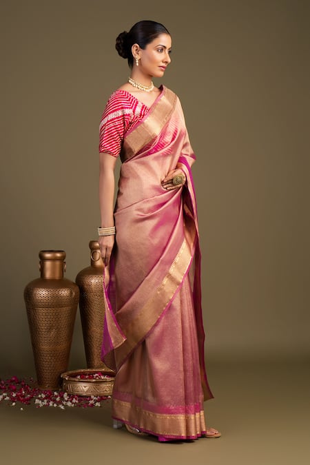 Zal From Benaras Pink Tissue, Silk Banarasi Handloom Saree With Unstitched Blouse Piece Online at Aza Fashions Zal From Benaras_Pink Tissue, Silk Banarasi Handloom Saree With Unstitched Blouse Piece _Online_at_Aza_Fashions