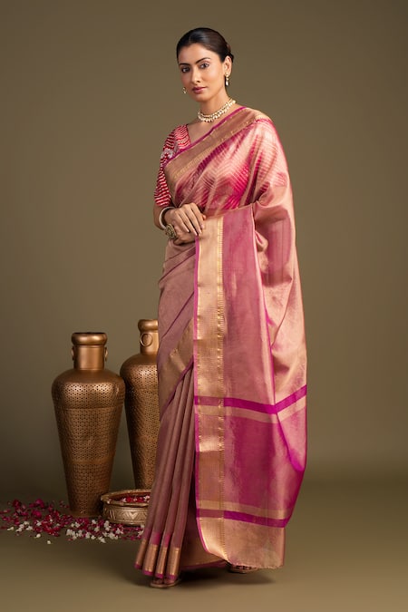 Buy Zal From Benaras Pink Tissue, Silk Banarasi Handloom Saree With Unstitched Blouse Piece Online at Aza Fashions Buy_Zal From Benaras_Pink Tissue, Silk Banarasi Handloom Saree With Unstitched Blouse Piece _Online_at_Aza_Fashions