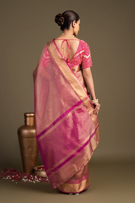 Shop Zal From Benaras Pink Tissue, Silk Banarasi Handloom Saree With Unstitched Blouse Piece at Aza Fashions Shop_Zal From Benaras_Pink Tissue, Silk Banarasi Handloom Saree With Unstitched Blouse Piece _at_Aza_Fashions