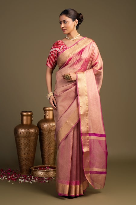Shop Zal From Benaras Pink Tissue, Silk Banarasi Handloom Saree With Unstitched Blouse Piece Online at Aza Fashions Shop_Zal From Benaras_Pink Tissue, Silk Banarasi Handloom Saree With Unstitched Blouse Piece _Online_at_Aza_Fashions