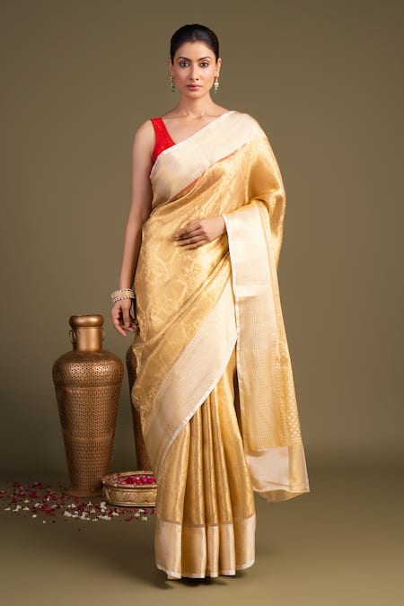 Zal From Benaras Gold Silk Katan Tissue Banarasi Handloom Saree With Unstitched Blouse Piece