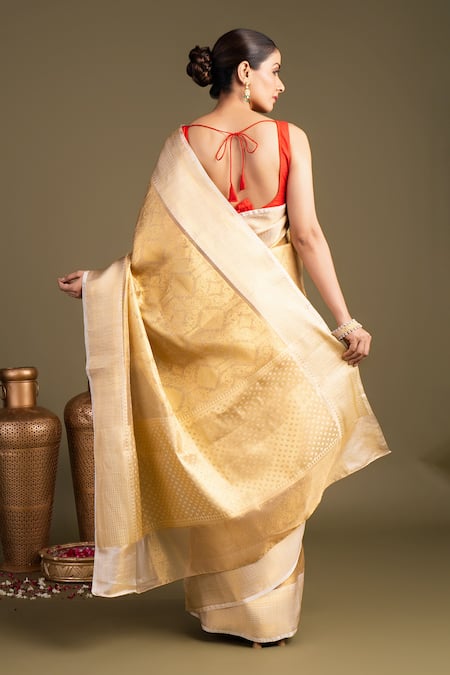 Shop Zal From Benaras Gold Silk Katan Tissue Banarasi Handloom Saree With Unstitched Blouse Piece at Aza Fashions Shop_Zal From Benaras_Gold Silk Katan Tissue Banarasi Handloom Saree With Unstitched Blouse Piece _at_Aza_Fashions
