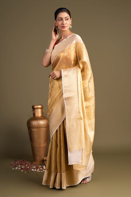 Shop Zal From Benaras Gold Silk Katan Tissue Banarasi Handloom Saree With Unstitched Blouse Piece Online at Aza Fashions Shop_Zal From Benaras_Gold Silk Katan Tissue Banarasi Handloom Saree With Unstitched Blouse Piece _Online_at_Aza_Fashions