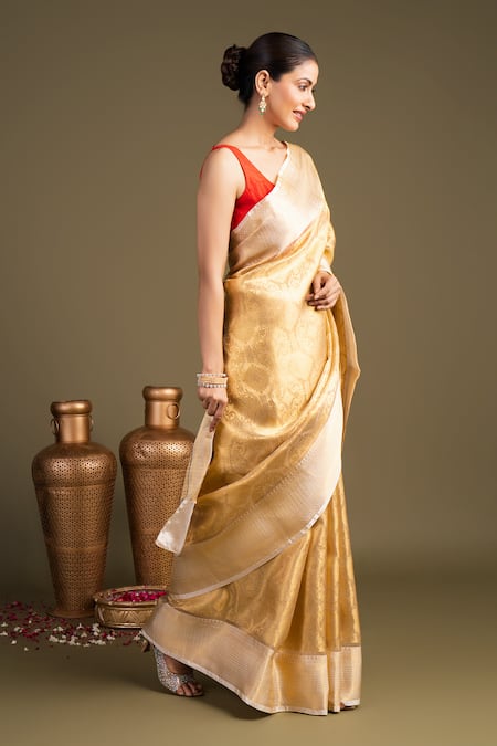 Zal From Benaras Gold Silk Katan Tissue Banarasi Handloom Saree With Unstitched Blouse Piece at Aza Fashions Zal From Benaras_Gold Silk Katan Tissue Banarasi Handloom Saree With Unstitched Blouse Piece _at_Aza_Fashions