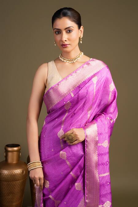 Zal From Benaras_Lavender Silk Pure Banarasi Handloom Saree With Unstitched Blouse Piece_Online_at_Aza_Fashions