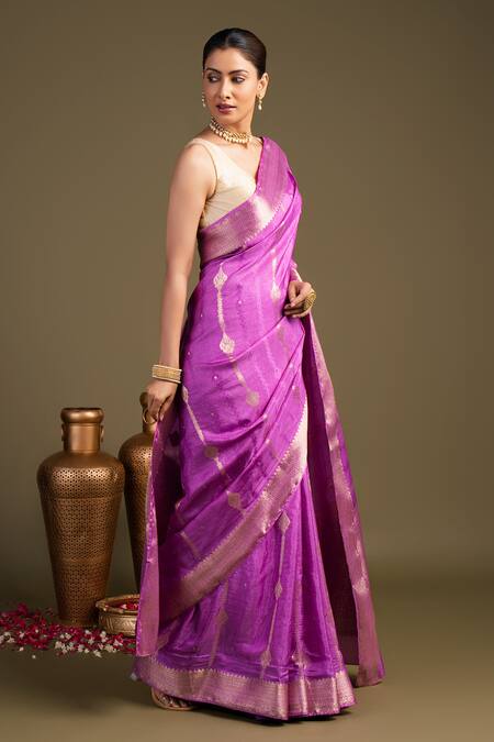 Buy_Zal From Benaras_Lavender Silk Pure Banarasi Handloom Saree With Unstitched Blouse Piece_Online_at_Aza_Fashions