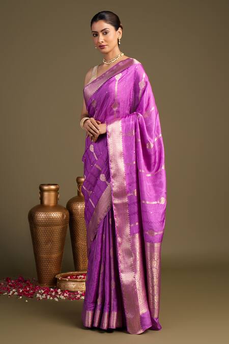 Shop_Zal From Benaras_Lavender Silk Pure Banarasi Handloom Saree With Unstitched Blouse Piece_Online_at_Aza_Fashions