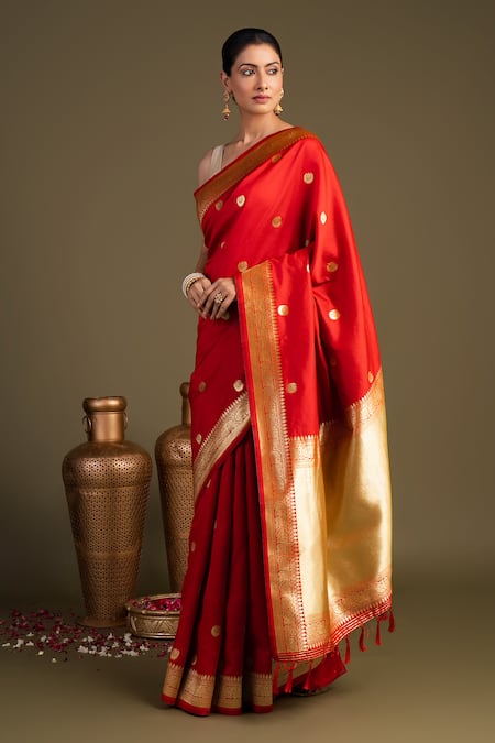 Zal From Benaras_Red Silk Chand Taare Pure Banarasi Handloom Saree With Unstitched Blouse Piece _Online_at_Aza_Fashions
