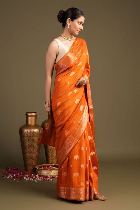 Zal From Benaras_Orange Moonga Silk Banarasi Handloom Saree With Unstitched Blouse Piece _Online_at_Aza_Fashions