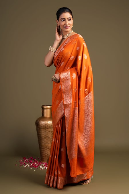 Buy_Zal From Benaras_Orange Moonga Silk Banarasi Handloom Saree With Unstitched Blouse Piece _Online_at_Aza_Fashions