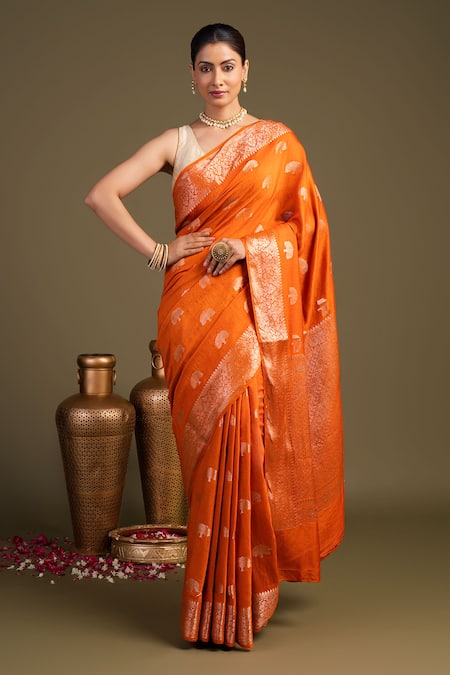Zal From Benaras Orange Moonga Silk Banarasi Handloom Saree With Unstitched Blouse Piece 