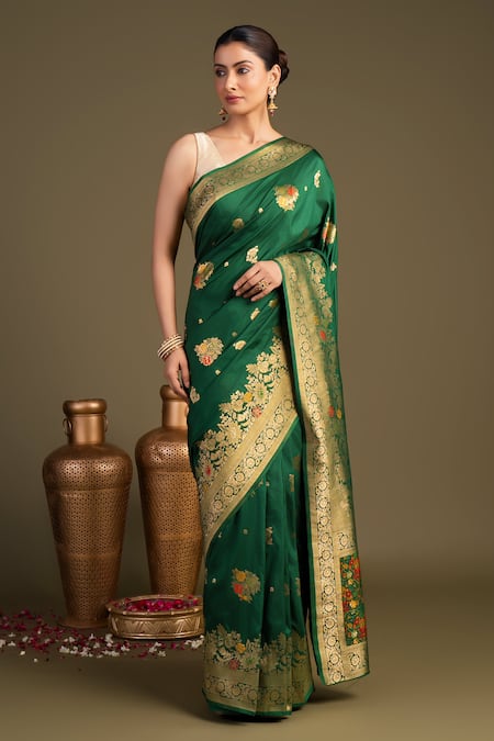 Zal From Benaras Green Silk Pure Banarasi Handloom Saree With Unstitched Blouse Piece