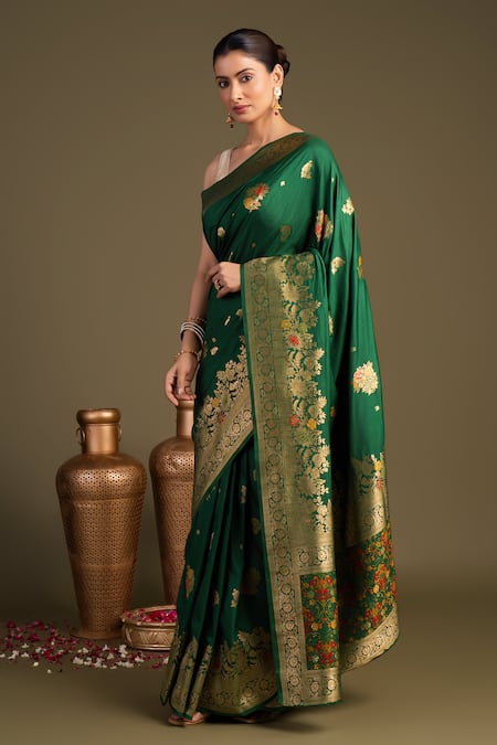 Shop Zal From Benaras Green Silk Pure Banarasi Handloom Saree With Unstitched Blouse Piece Online at Aza Fashions Shop_Zal From Benaras_Green Silk Pure Banarasi Handloom Saree With Unstitched Blouse Piece _Online_at_Aza_Fashions