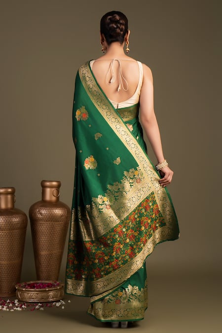Shop Zal From Benaras Green Silk Pure Banarasi Handloom Saree With Unstitched Blouse Piece at Aza Fashions Shop_Zal From Benaras_Green Silk Pure Banarasi Handloom Saree With Unstitched Blouse Piece _at_Aza_Fashions