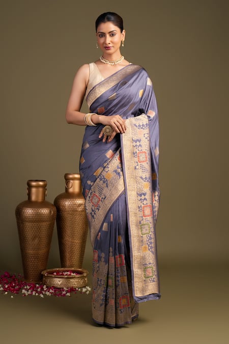Zal From Benaras Gray Silk Pure Banarasi Handloom Saree With Unstitched Blouse Piece