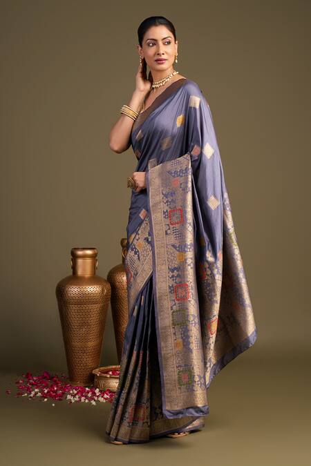 Zal From Benaras_Gray Silk Pure Banarasi Handloom Saree With Unstitched Blouse Piece_Online_at_Aza_Fashions