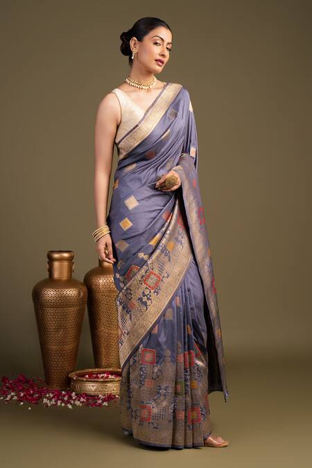 Buy_Zal From Benaras_Gray Silk Pure Banarasi Handloom Saree With Unstitched Blouse Piece_Online_at_Aza_Fashions