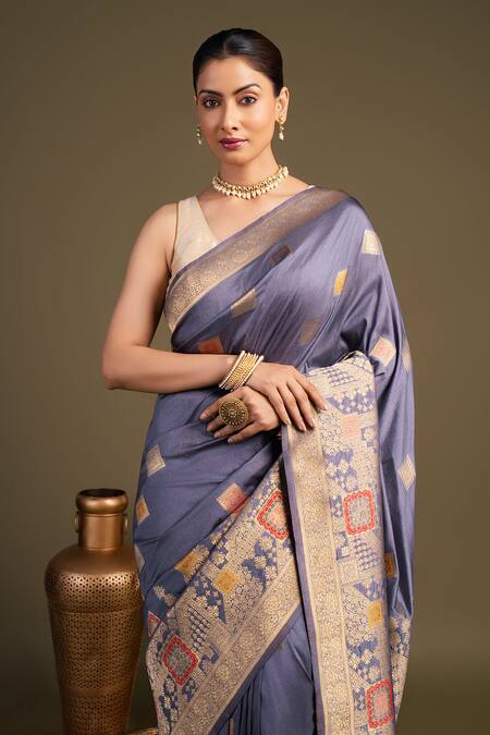 Shop_Zal From Benaras_Gray Silk Pure Banarasi Handloom Saree With Unstitched Blouse Piece_Online_at_Aza_Fashions