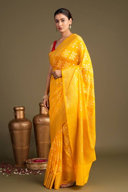 Shop Zal From Benaras Yellow Silk Pure Banarasi Handloom Saree With Unstitched Blouse Piece Online at Aza Fashions Shop_Zal From Benaras_Yellow Silk Pure Banarasi Handloom Saree With Unstitched Blouse Piece _Online_at_Aza_Fashions