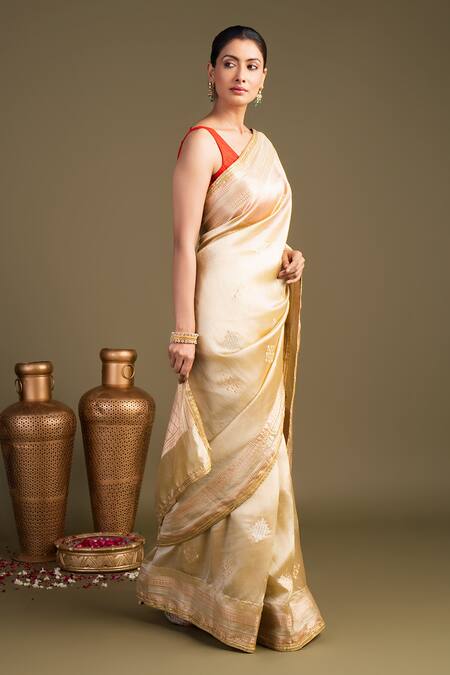 Zal From Benaras_Beige Silk Katan Banarasi Handloom Saree With Unstitched Blouse Piece_Online_at_Aza_Fashions