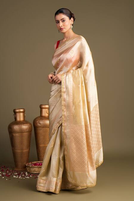 Buy_Zal From Benaras_Beige Silk Katan Banarasi Handloom Saree With Unstitched Blouse Piece_Online_at_Aza_Fashions