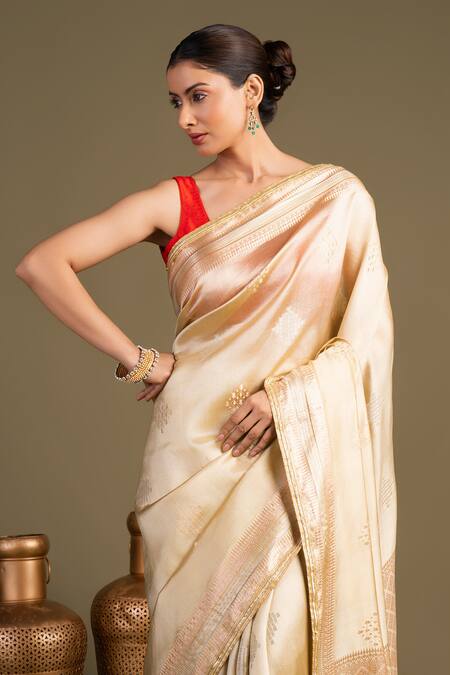 Shop_Zal From Benaras_Beige Silk Katan Banarasi Handloom Saree With Unstitched Blouse Piece_Online_at_Aza_Fashions