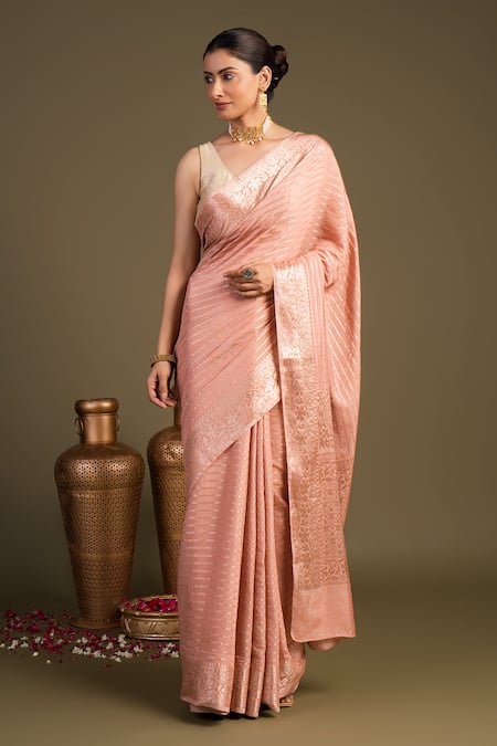 Zal From Benaras Pink Silk Pure Monga Banarasi Handloom Saree With Unstitched Blouse Piece