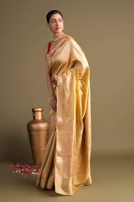 Zal From Benaras_Gold Silk, Pure Katan Banarasi Handloom Saree With Unstitched Blouse Piece _Online_at_Aza_Fashions
