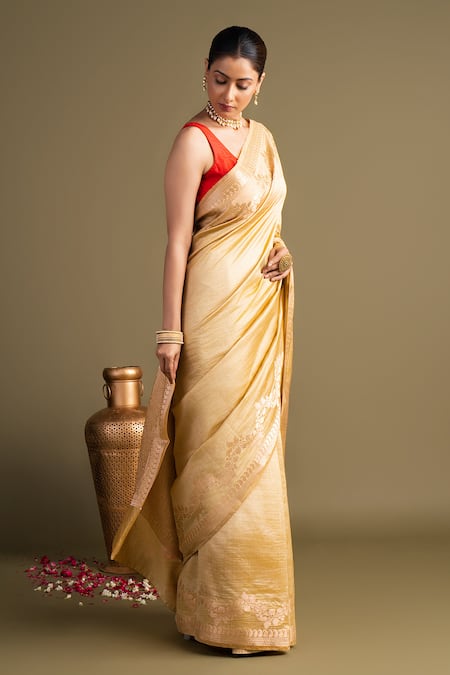 Buy_Zal From Benaras_Gold Silk, Pure Katan Banarasi Handloom Saree With Unstitched Blouse Piece _Online_at_Aza_Fashions