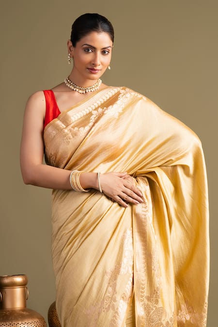 Shop_Zal From Benaras_Gold Silk, Pure Katan Banarasi Handloom Saree With Unstitched Blouse Piece _Online_at_Aza_Fashions