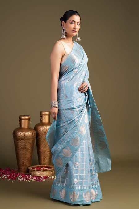 Zal From Benaras_Blue Silk Pure Banarasi Handloom Saree With Unstitched Blouse Piece _Online_at_Aza_Fashions