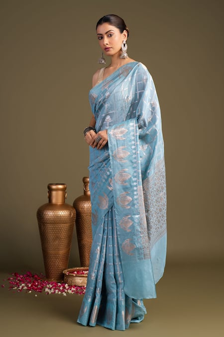 Buy_Zal From Benaras_Blue Silk Pure Banarasi Handloom Saree With Unstitched Blouse Piece _Online_at_Aza_Fashions