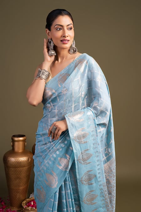 Shop_Zal From Benaras_Blue Silk Pure Banarasi Handloom Saree With Unstitched Blouse Piece _Online_at_Aza_Fashions